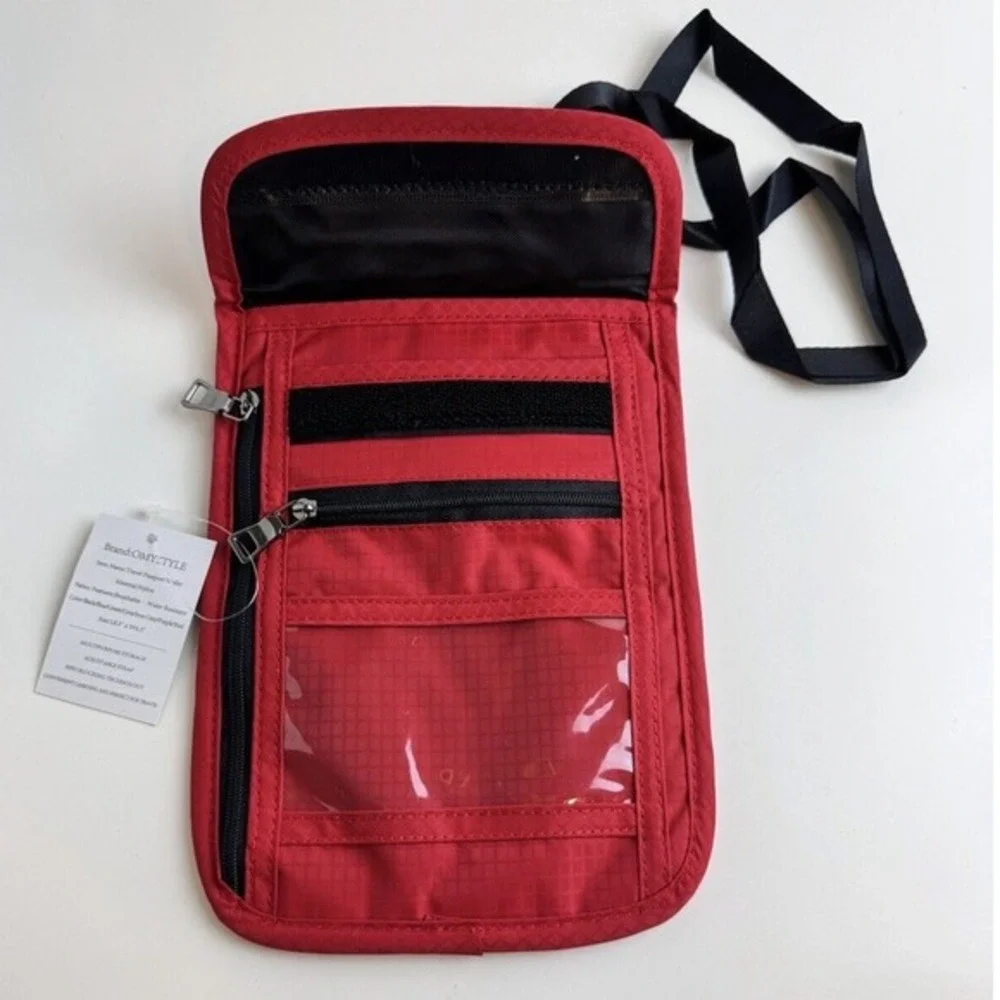 OMYSTYLE RFID Blocking Travel Passport Wallet Neck Pouch Red Nylon Crossbody J-0